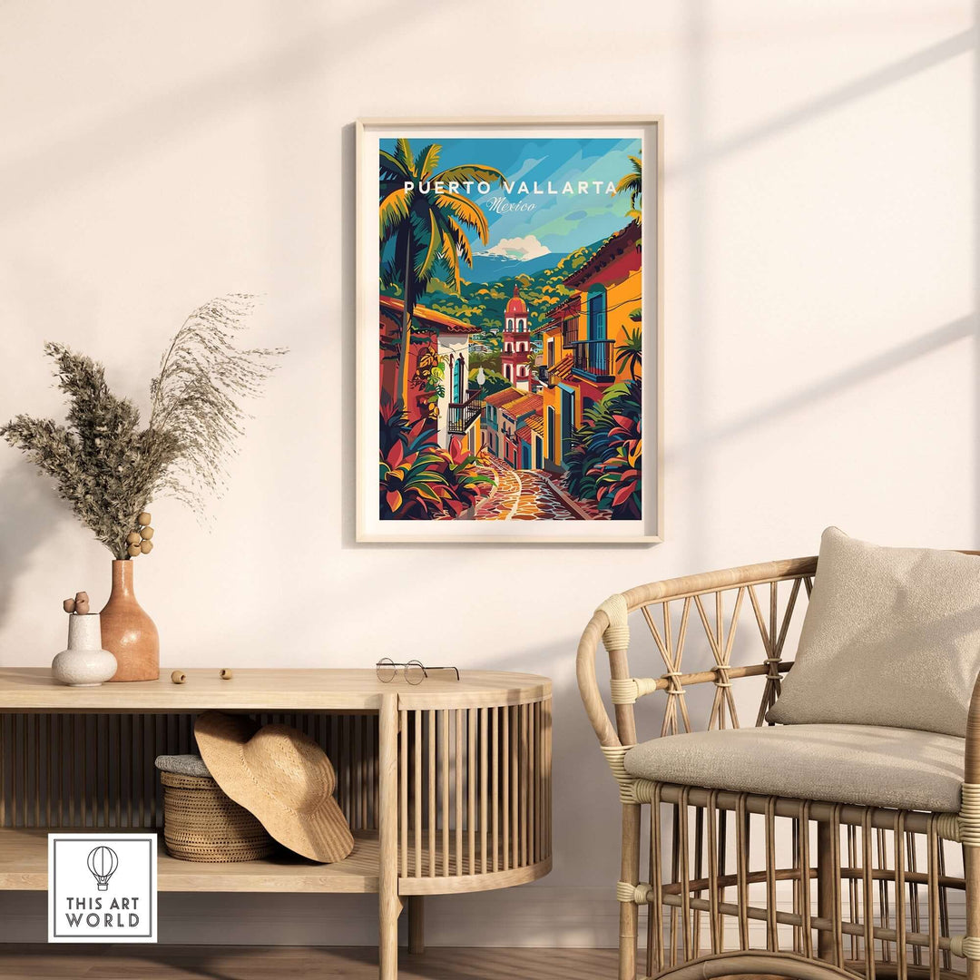 Puerto Vallarta travel poster with vibrant colors and rich culture, perfect for home decor or gifting, displayed in a stylish living room.