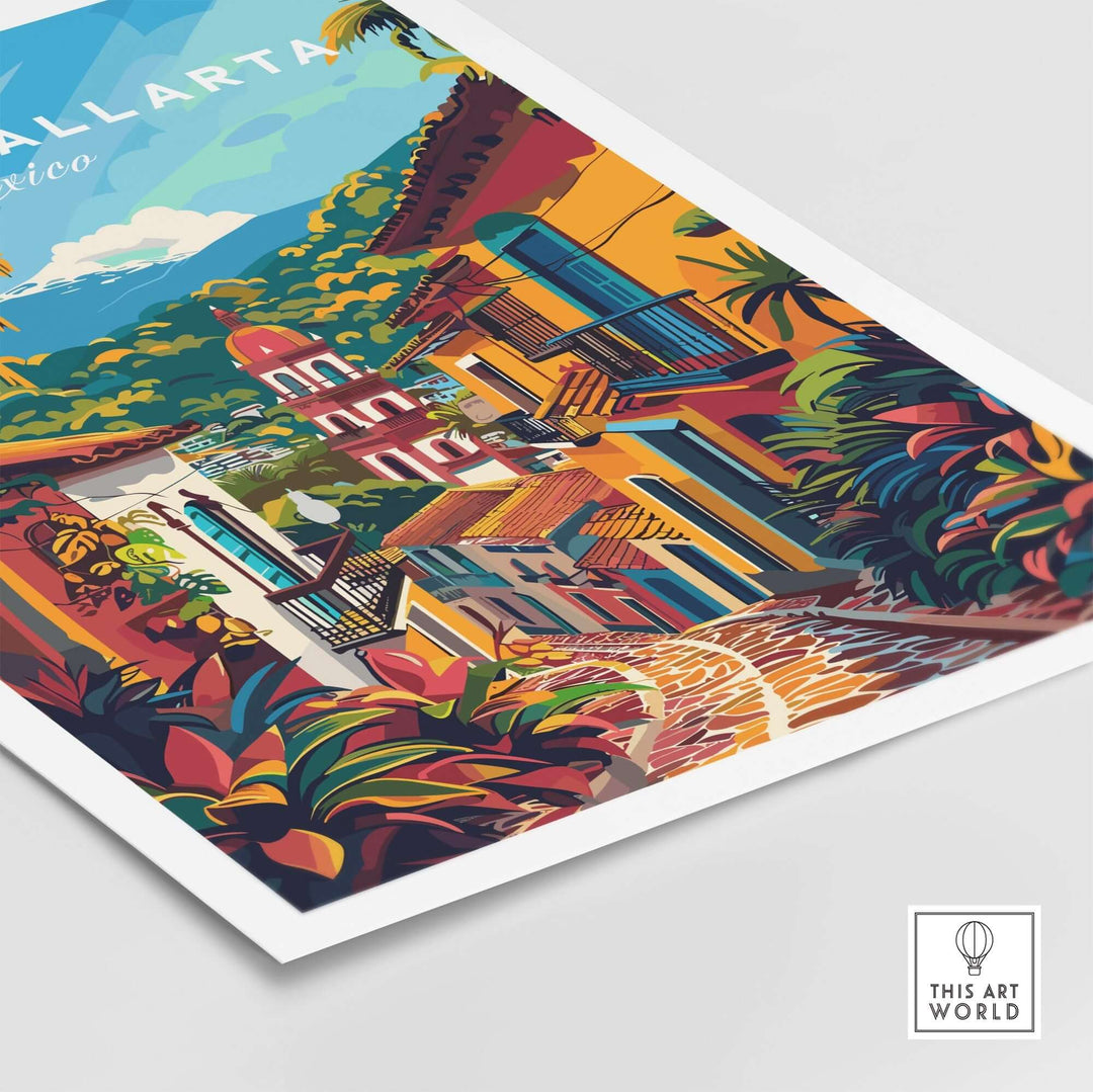 Puerto Vallarta Travel Poster with vibrant colors and Mexican culture, perfect wall art for home decor or travel gift.