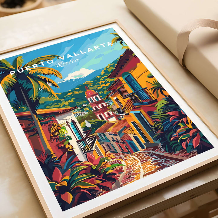 Puerto Vallarta travel poster with vibrant colors, showcasing Mexican culture and a picturesque street view for home decor or gifting.