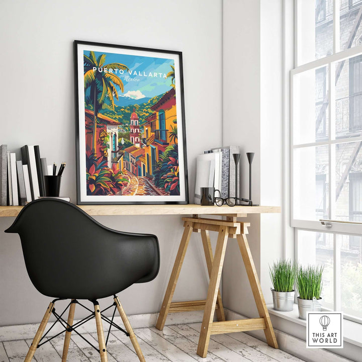 Puerto Vallarta travel poster on wall in modern home office setup with natural light