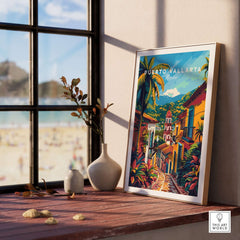 Puerto Vallarta Travel Poster displayed in a sunny room, showcasing vibrant colors and Mexican culture.