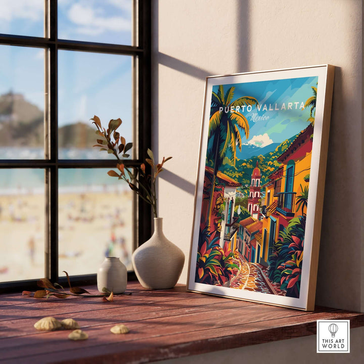 Puerto Vallarta travel poster on windowsill with vibrant colors showcasing Mexican culture and decor.