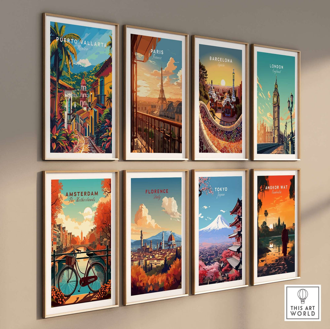 Wall display of travel posters featuring Puerto Vallarta, Paris, Barcelona, London, Amsterdam, Florence, Tokyo, and Angkor Wat