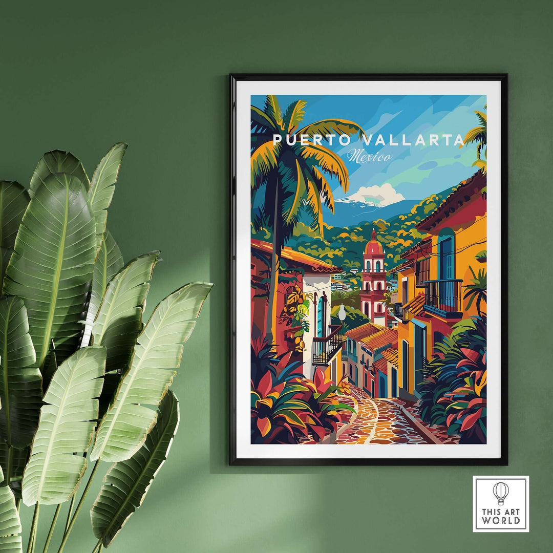 Puerto Vallarta travel poster with vibrant colors and Mexican architecture, perfect for home decor or as a gift for travelers.