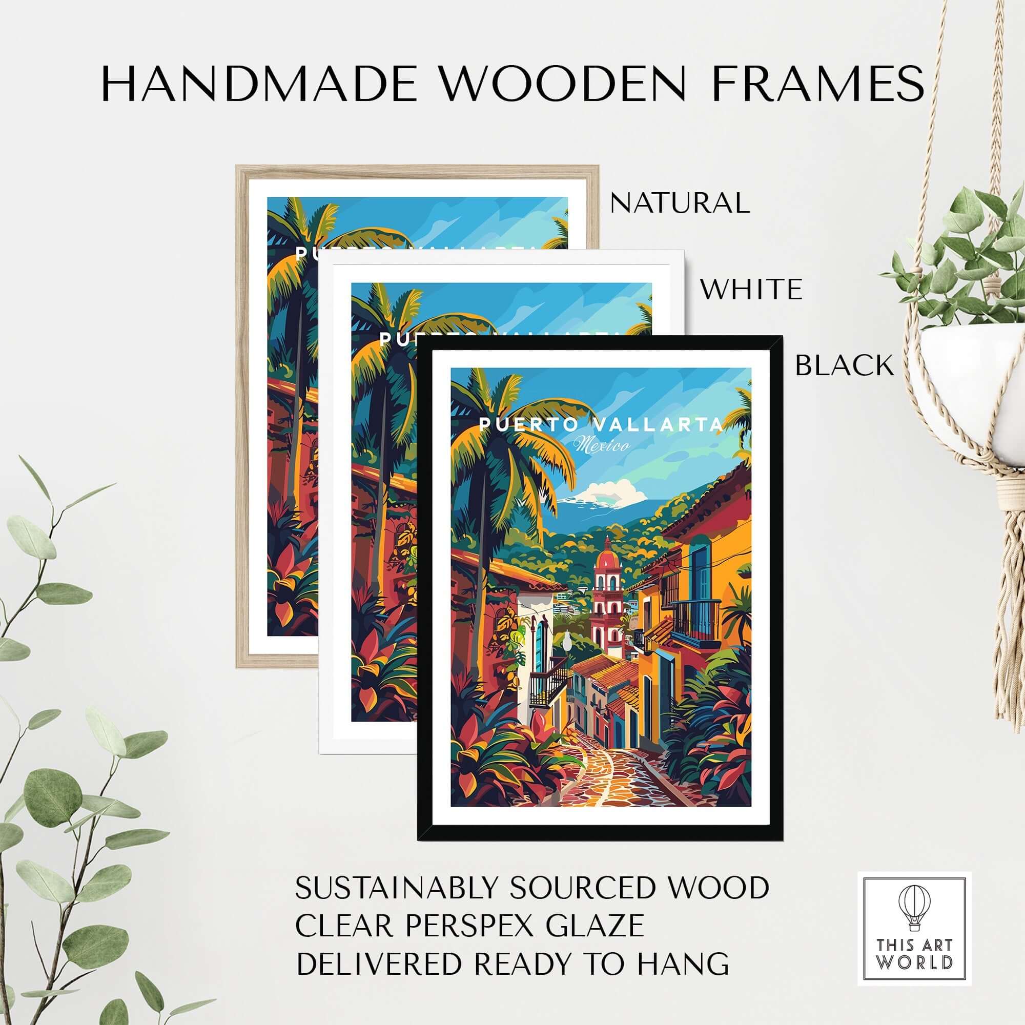 Puerto Vallarta Travel Poster displayed in handmade wooden frames, showcasing vibrant colors and cultural richness.