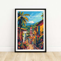 Puerto Vallarta Travel Poster showcasing vibrant colors and cultural scenery of Puerto Vallarta, Mexico.