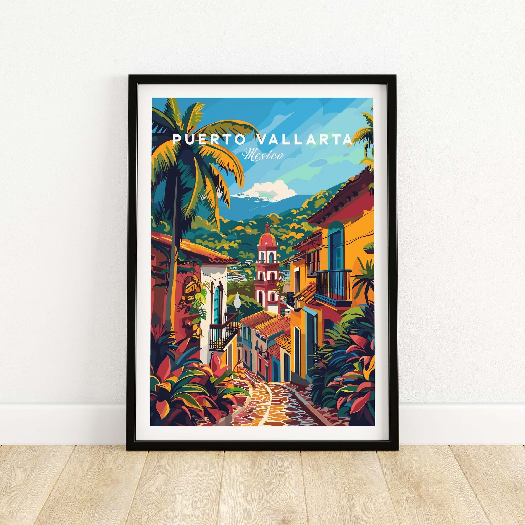Puerto Vallarta Travel Poster showcasing vibrant colors and cultural scenery of Puerto Vallarta, Mexico.