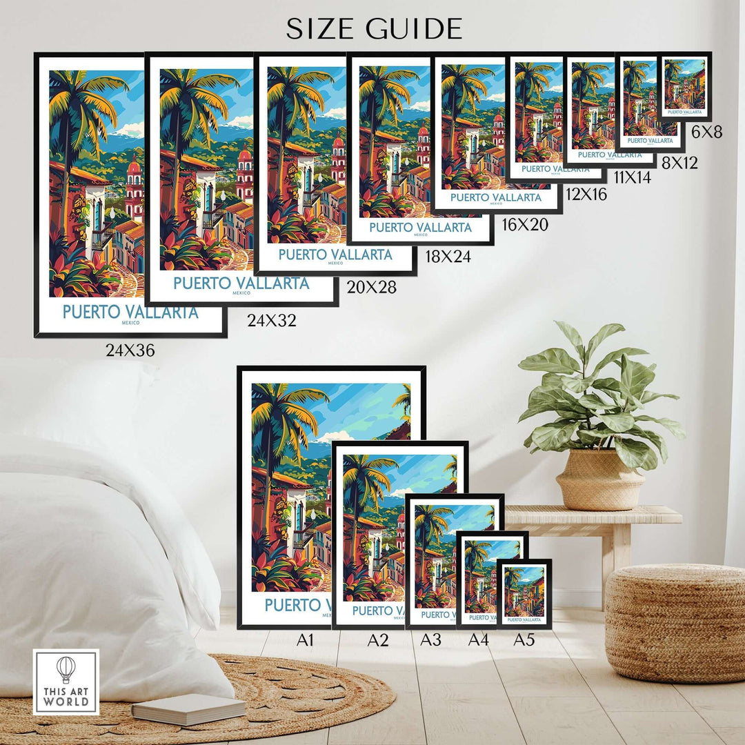 Size guide of Puerto Vallarta Travel Print showcasing different print sizes from 6x8 to A5 in a stylish room setting.