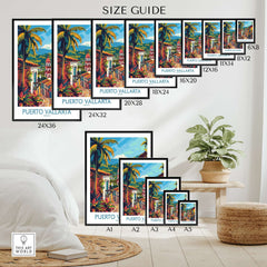 Puerto Vallarta Travel Print size guide showcasing various print sizes and vibrant design elements.
