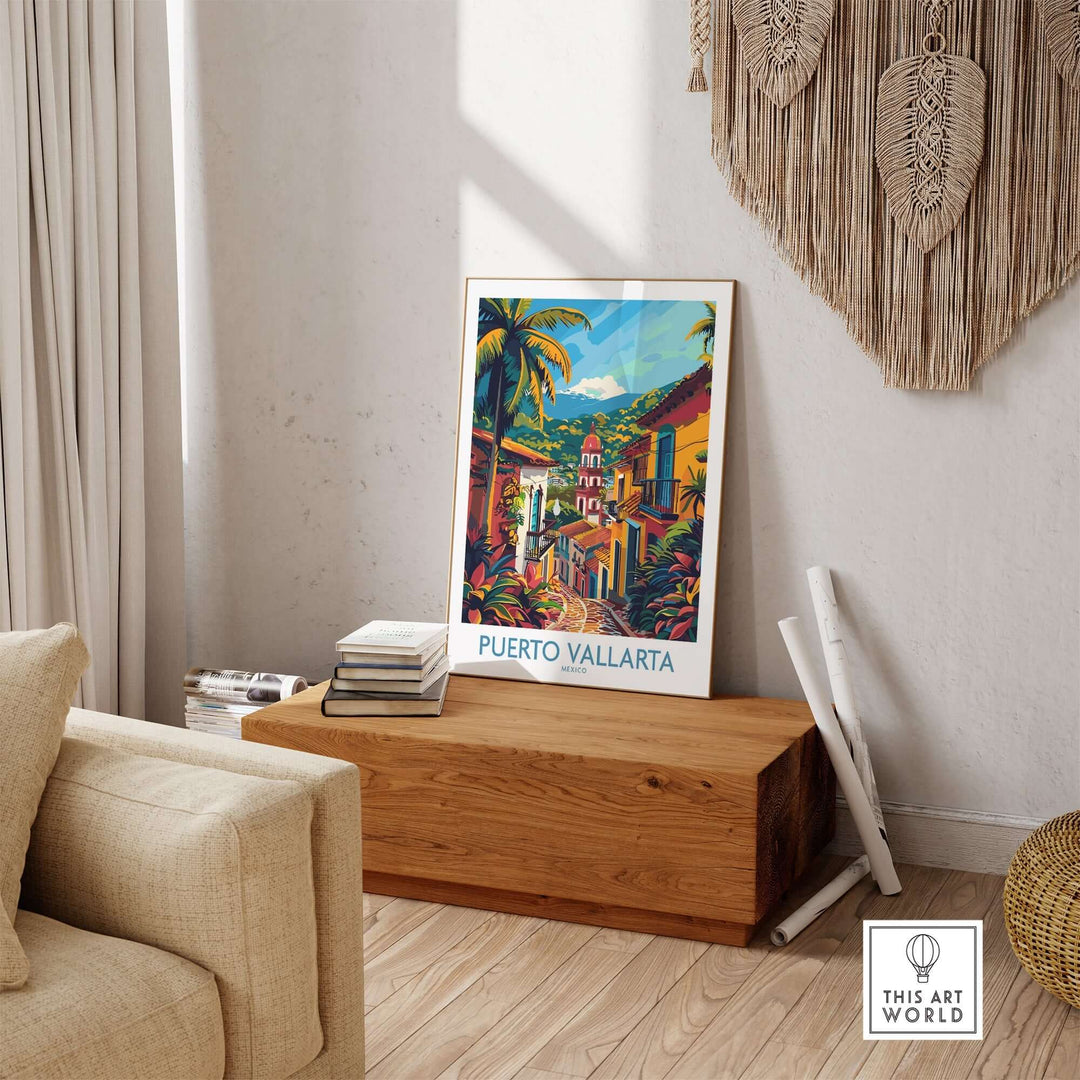 Puerto Vallarta Travel Print in modern living room setting with vibrant colors capturing the essence of Mexico's travel destination.