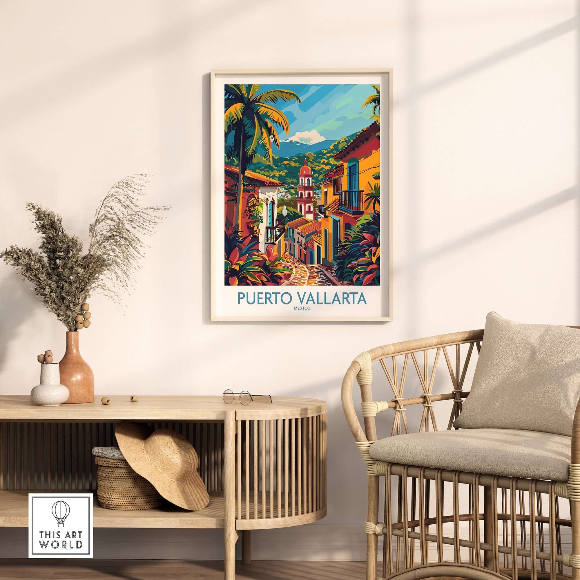 Puerto Vallarta Travel Print displayed in a stylish interior, showcasing vibrant colors and the beauty of Puerto Vallarta.