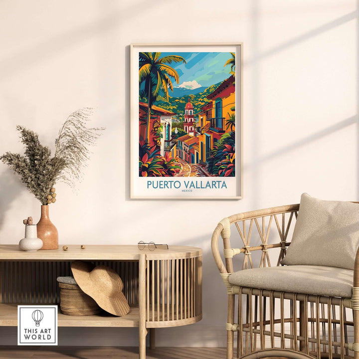 Puerto Vallarta Travel Print on wall in cozy, sunlit room, featuring vibrant colors and Mexican scenery for home decor.