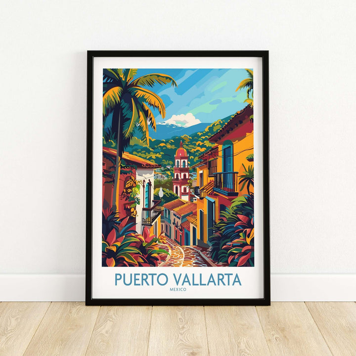 Puerto Vallarta travel print featuring vibrant Mexican scenery in a black frame, perfect for adding color and adventure to any room.