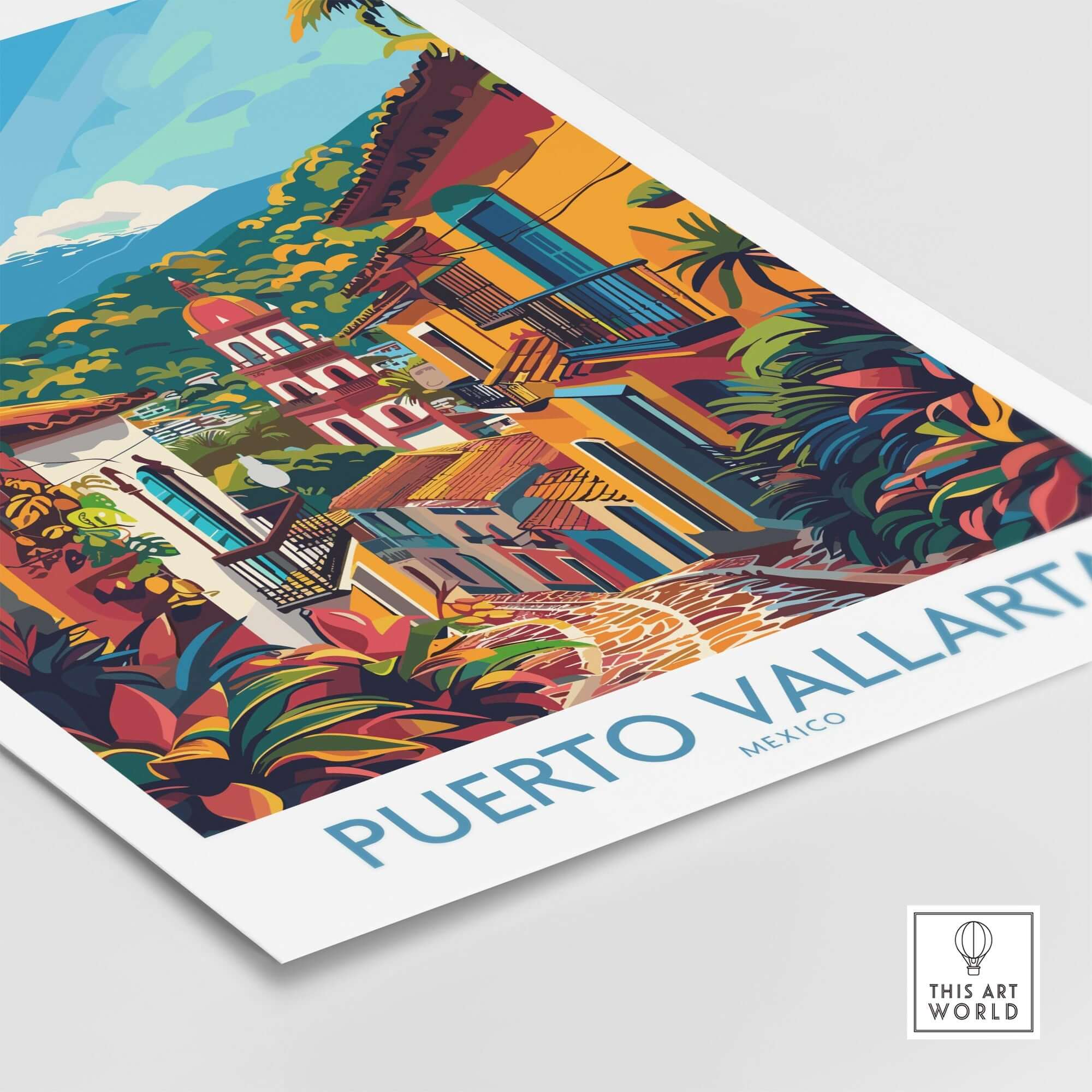 Puerto Vallarta Travel Print featuring vibrant colors and a picturesque street scene of Puerto Vallarta, Mexico.