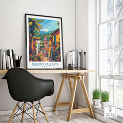 Puerto Vallarta Travel Print framed in a stylish home office setting with a modern desk and plants.