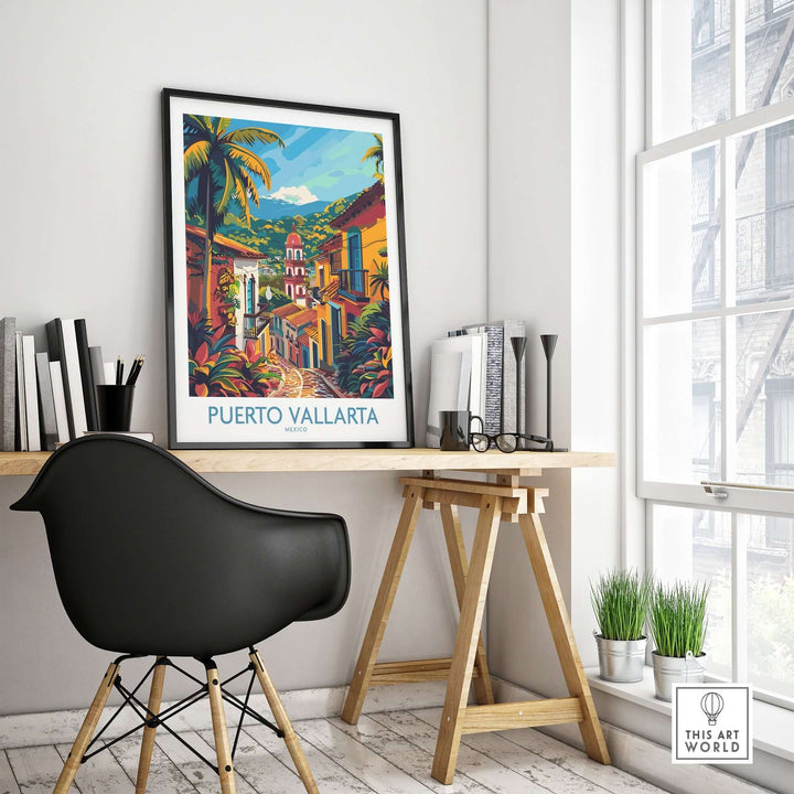 Puerto Vallarta Travel Print displayed in modern home office with black chair and wooden desk. Vivid Mexico wall art adding color to white room.