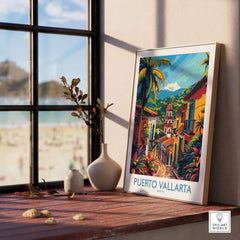 Puerto Vallarta Travel Print showcased on a wooden table with plants and a beach view in the background.