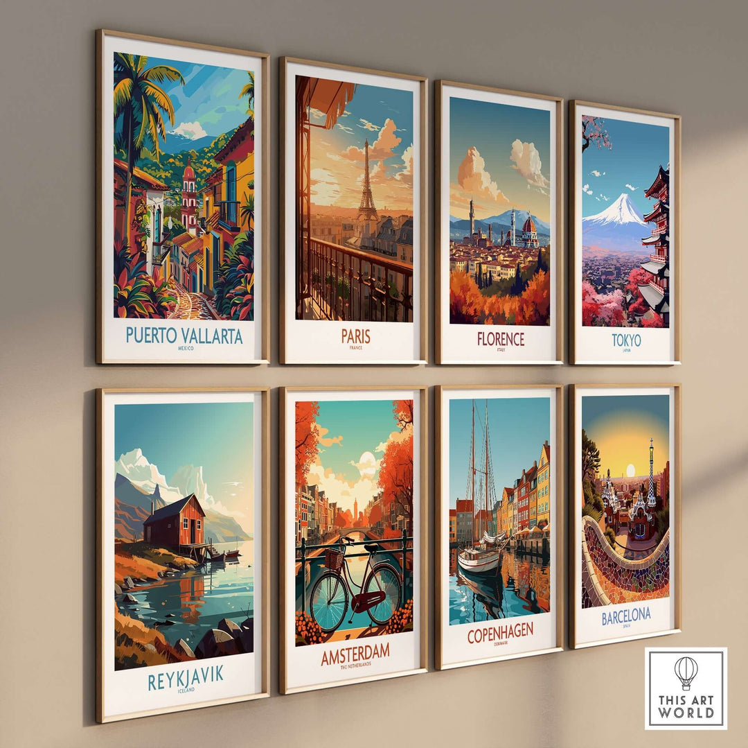 Gallery wall with Puerto Vallarta, Paris, Florence, Tokyo, Reykjavik, Amsterdam, Copenhagen, and Barcelona travel prints.