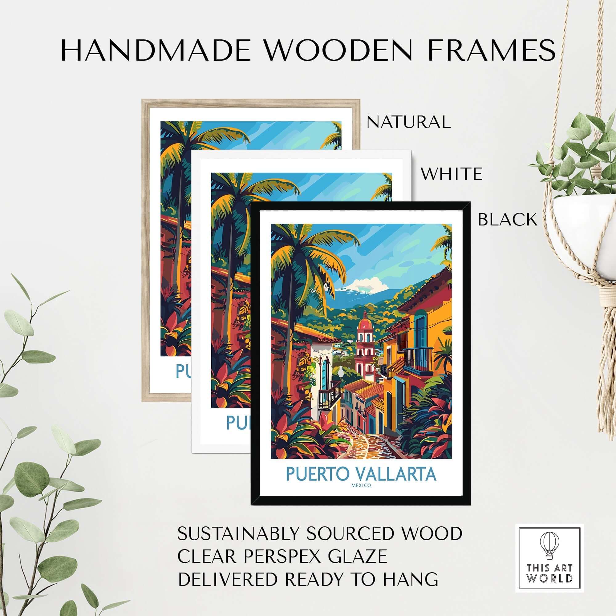 Puerto Vallarta Travel Print displayed in handmade wooden frames in natural, white, and black finishes.