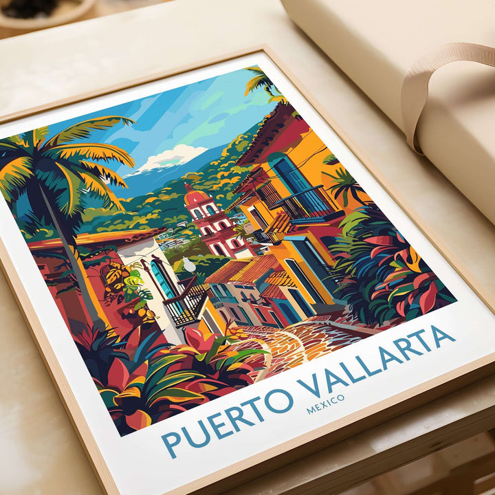 Puerto Vallarta travel print showcasing vibrant Mexican landscape and colorful houses in a decorative frame