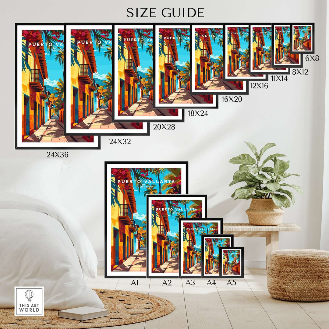 Puerto Vallarta wall art size guide showing various framed illustrations of colorful street scenes in Mexico for home decor