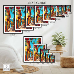 Size guide for Puerto Vallarta Wall Art showcasing various frame sizes in a vibrant living space.