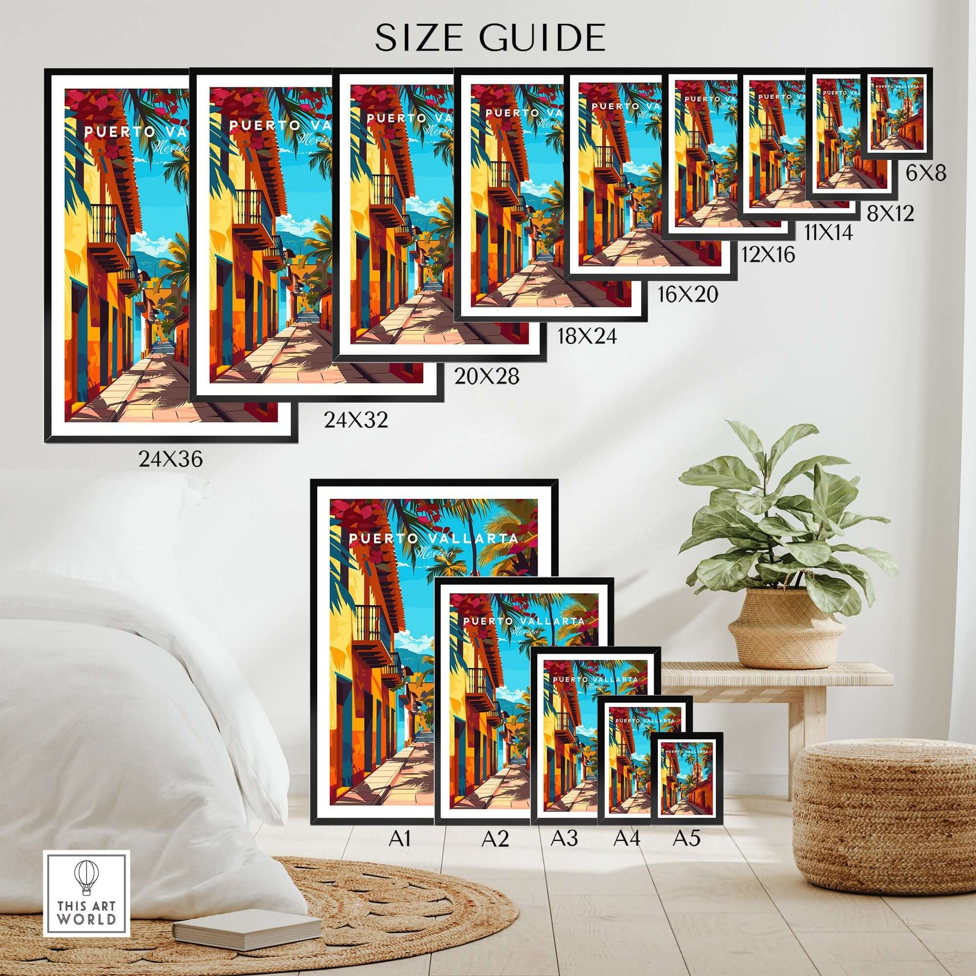 Size guide for Puerto Vallarta Wall Art showcasing various frame sizes in a vibrant living space.