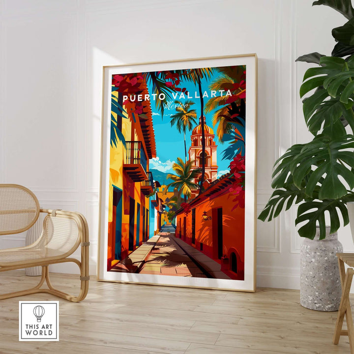 Puerto Vallarta wall art poster in a modern living room, capturing vibrant Mexican street and architecture.