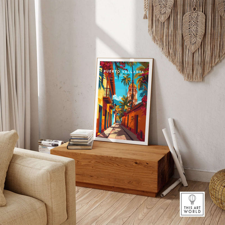 Puerto Vallarta wall art Mexico travel poster displayed in a stylish, cozy home setting