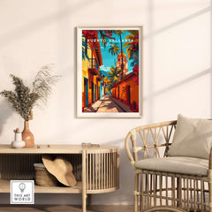Puerto Vallarta Wall Art featuring a vibrant poster in a stylish living room setting.