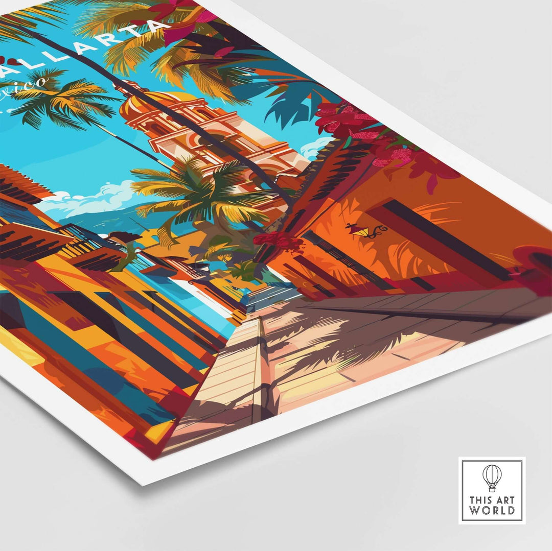 Vibrant Puerto Vallarta wall art poster featuring colorful streets and palm trees, perfect for adding a touch of Mexico travel to your home.