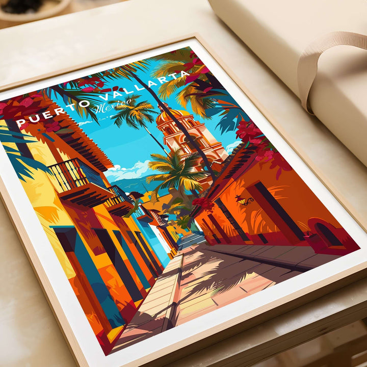 Puerto Vallarta wall art featuring colorful Mexican street scene with vibrant buildings and palm trees