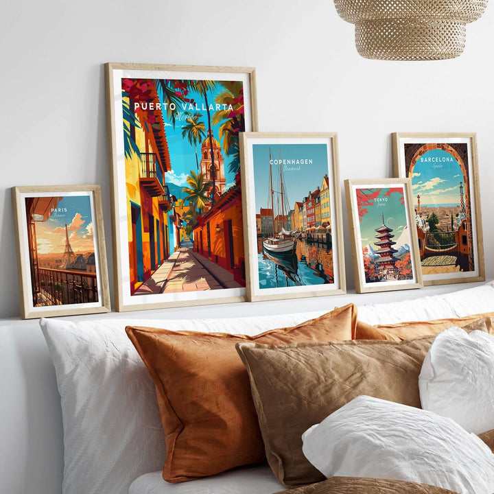 Puerto Vallarta wall art with Mexico travel posters displayed above a bed