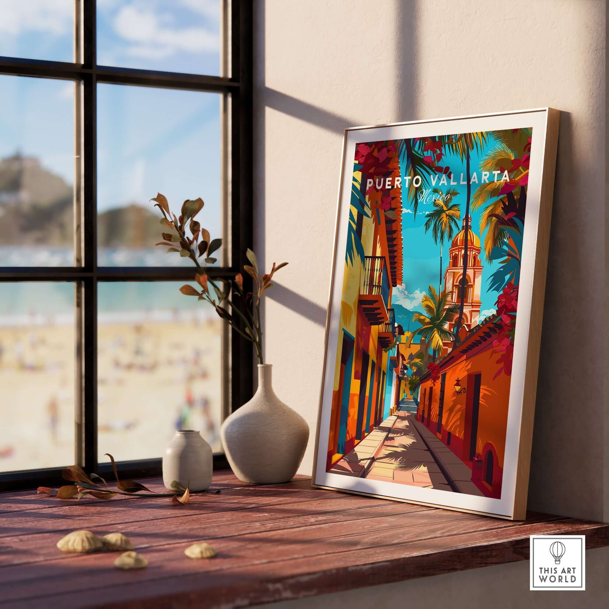 Puerto Vallarta Wall Art displayed on a wooden table near a window, showcasing bright colors and lively scenery.