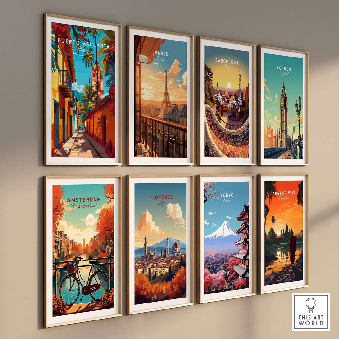 A collection of vibrant travel posters featuring Puerto Vallarta, Paris, Barcelona, London, Amsterdam, Florence, Tokyo, and Banff National Park.