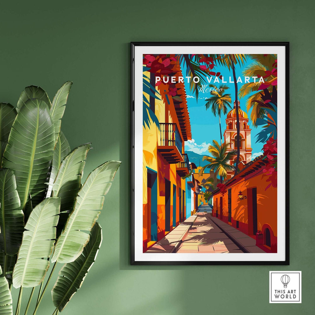 Puerto Vallarta Wall Art showcasing vibrant Mexico travel poster with colorful street scene and lush greenery.