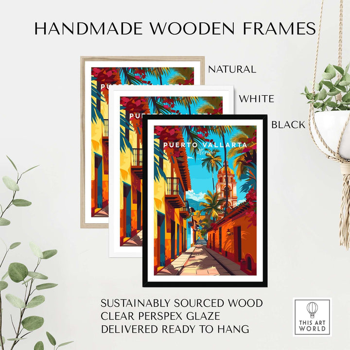 Handmade wooden frames displaying Puerto Vallarta wall art in natural, white, and black colors, featuring vibrantly colored Mexico travel posters.