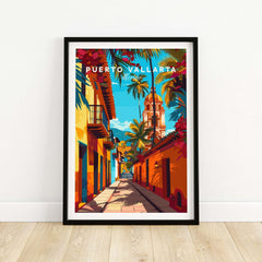 Puerto Vallarta Wall Art featuring a vibrant street scene with colorful buildings and palm trees.