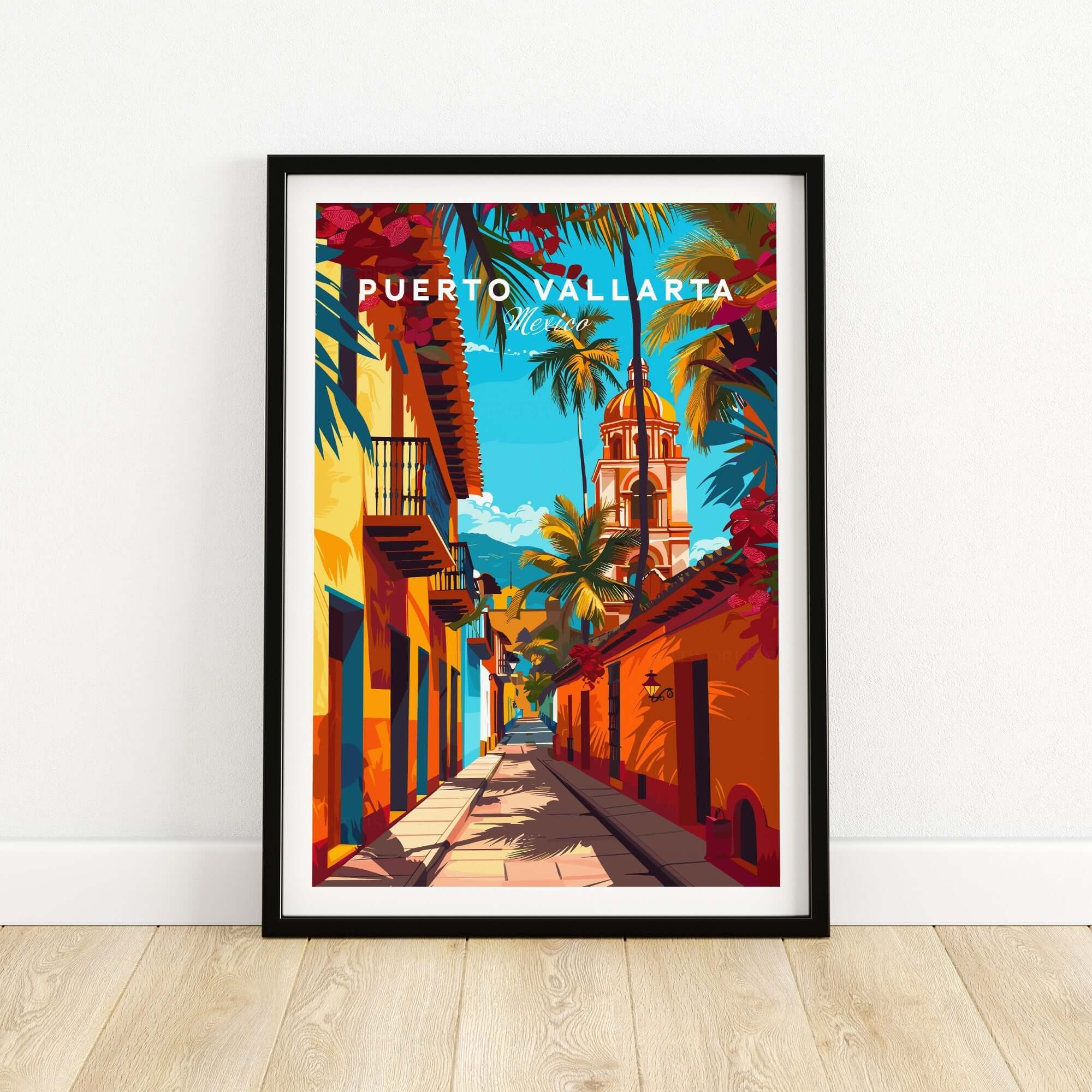 Puerto Vallarta Wall Art featuring a vibrant street scene with colorful buildings and palm trees.