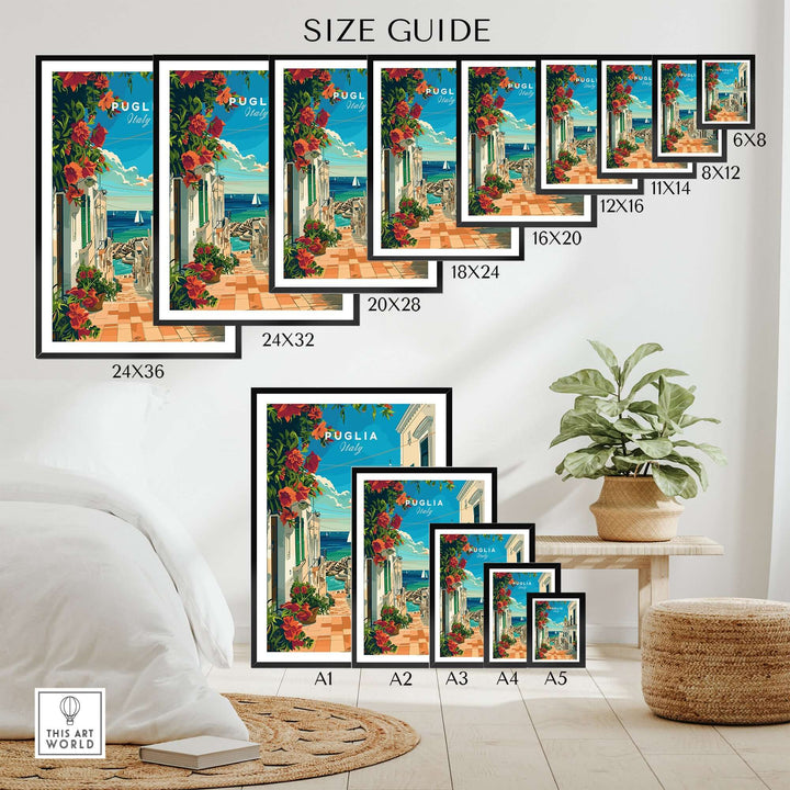 Puglia Poster Italy Size Guide Featuring Various Poster Sizes for Home Decor