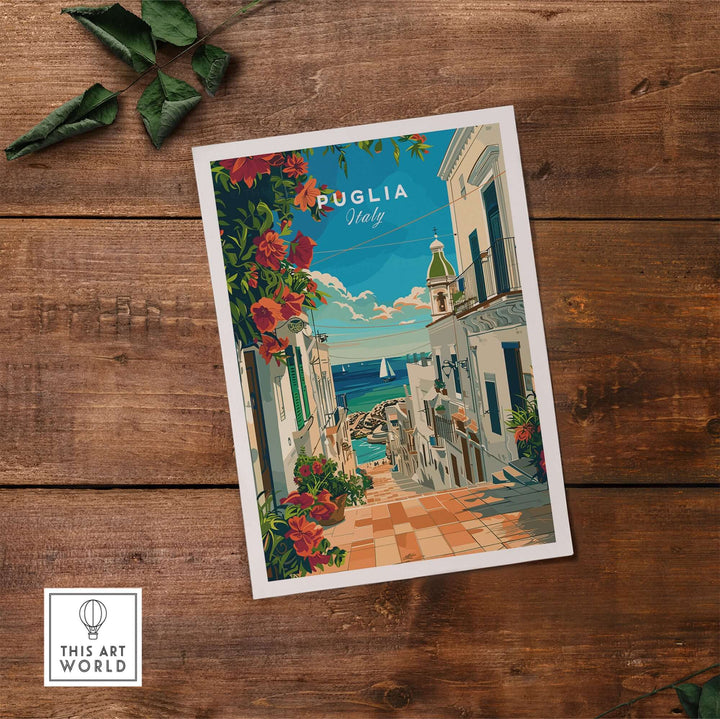 Puglia Poster Italy showcasing charming landscapes and iconic sights, perfect for home decor and Italian culture enthusiasts