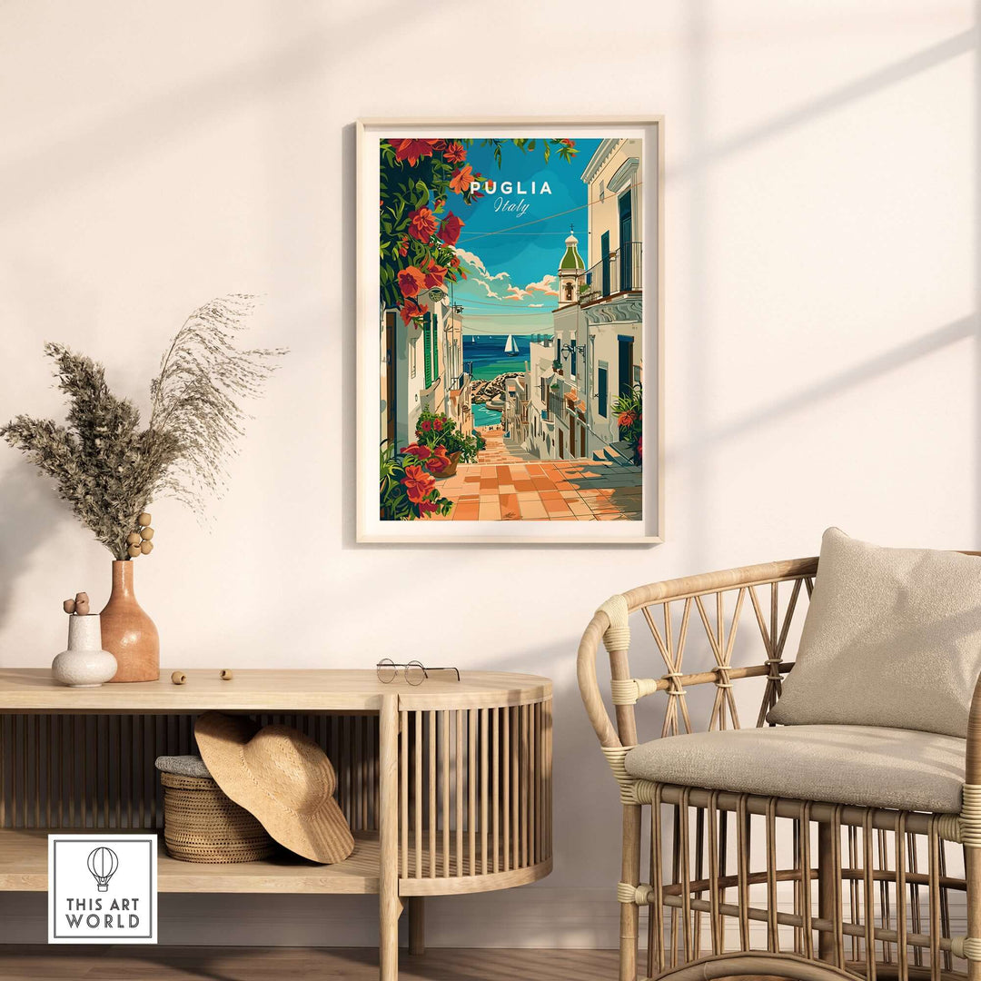 Puglia Poster Italy on wall with wicker chair and console table in stylish home decor setup.