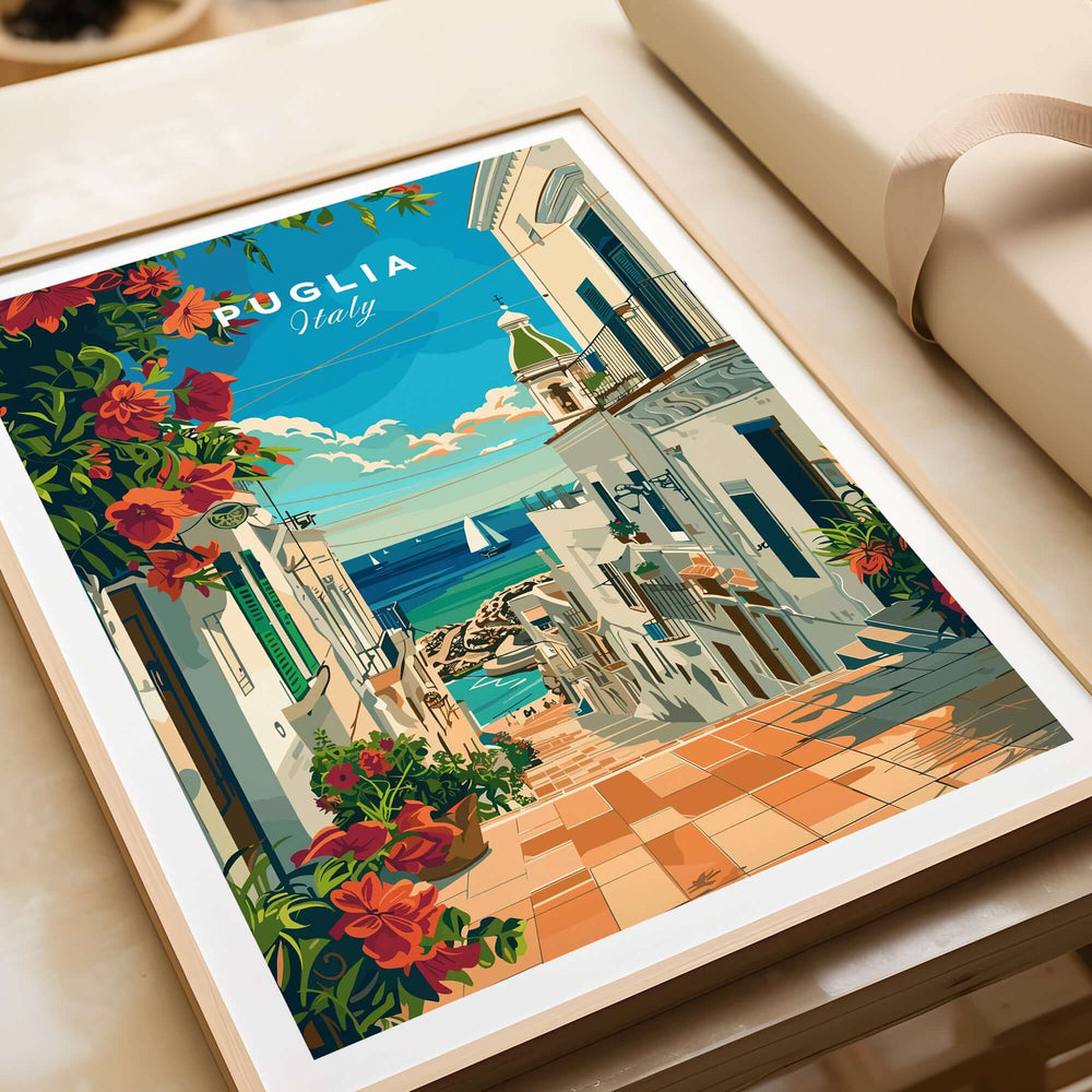 Puglia Poster Italy showcasing vibrant coastal village scenery, ideal for Italian culture enthusiasts and unique home decor. Travel Prints.