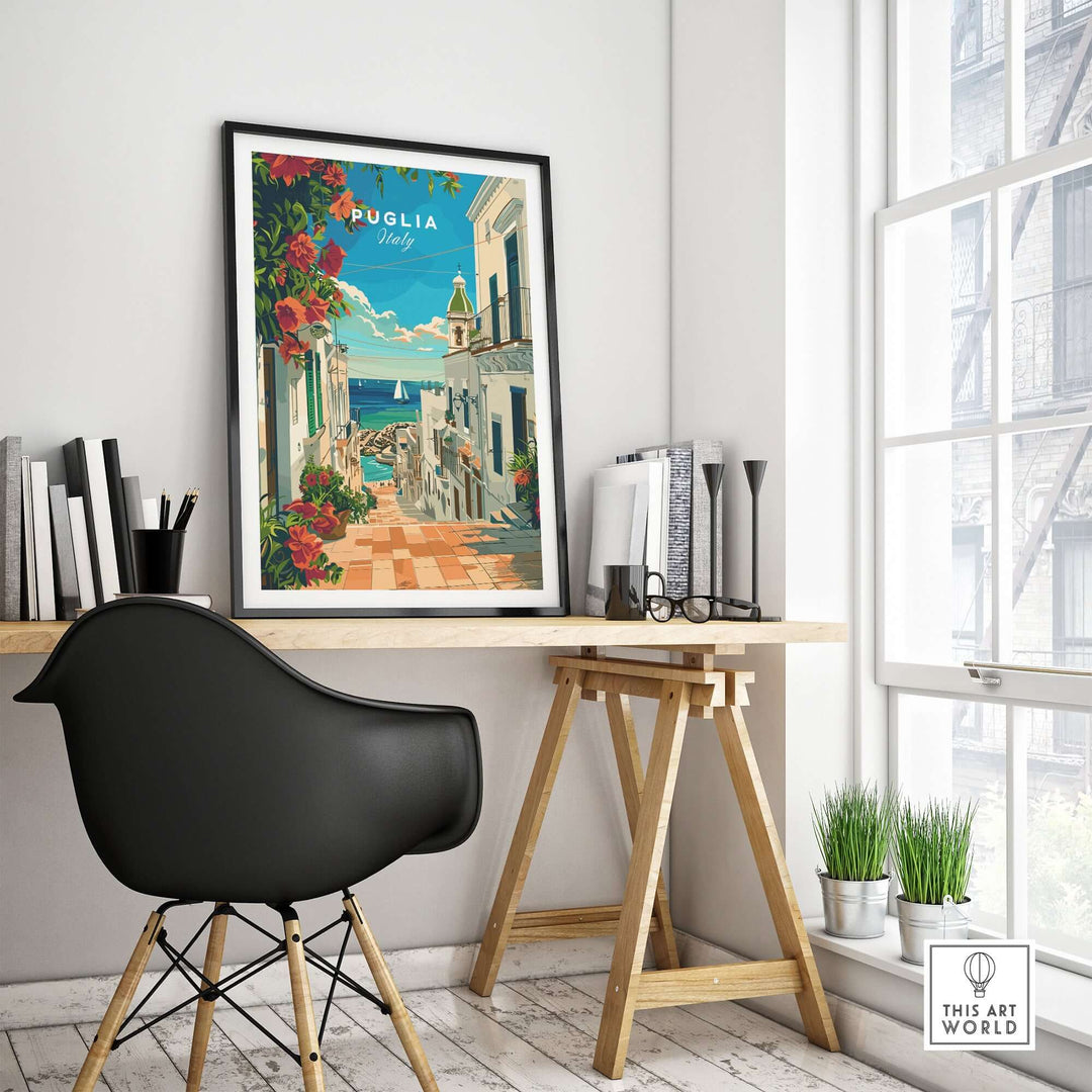 Puglia Poster Italy in modern home office, showcasing charming landscapes and iconic sights; perfect for Italian culture enthusiasts and home decor.