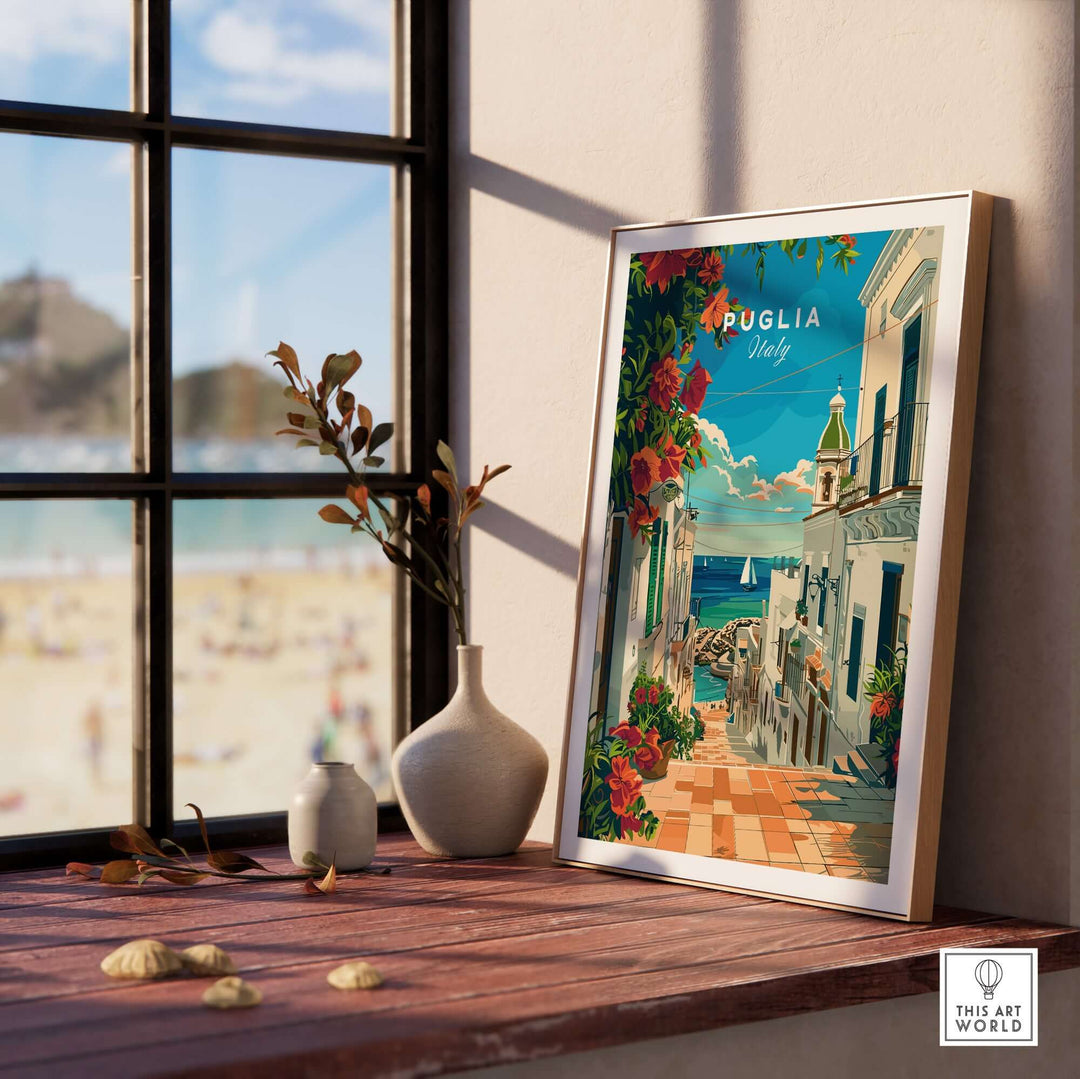 Puglia Poster Italy on a sunny windowsill, capturing the landscapes and iconic sights of Puglia, perfect for Italian culture enthusiasts and home decor.