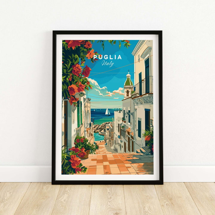 Puglia Poster Italy featuring scenic coastal streets and vibrant flowers, perfect for Italian culture enthusiasts and stylish home decor.