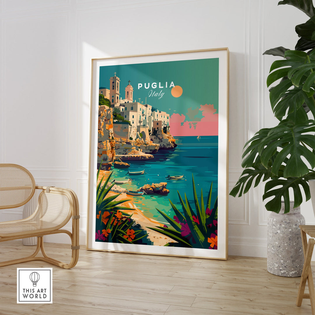 Puglia Poster Print featuring picturesque Italian coastal landscape, perfect wall decor for homes, adding charm and beauty to any room.