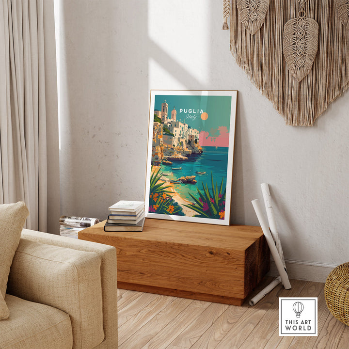 Puglia Poster Print in cozy living room with wooden decor and beige sofa, capturing picturesque Italian landscapes and charming towns