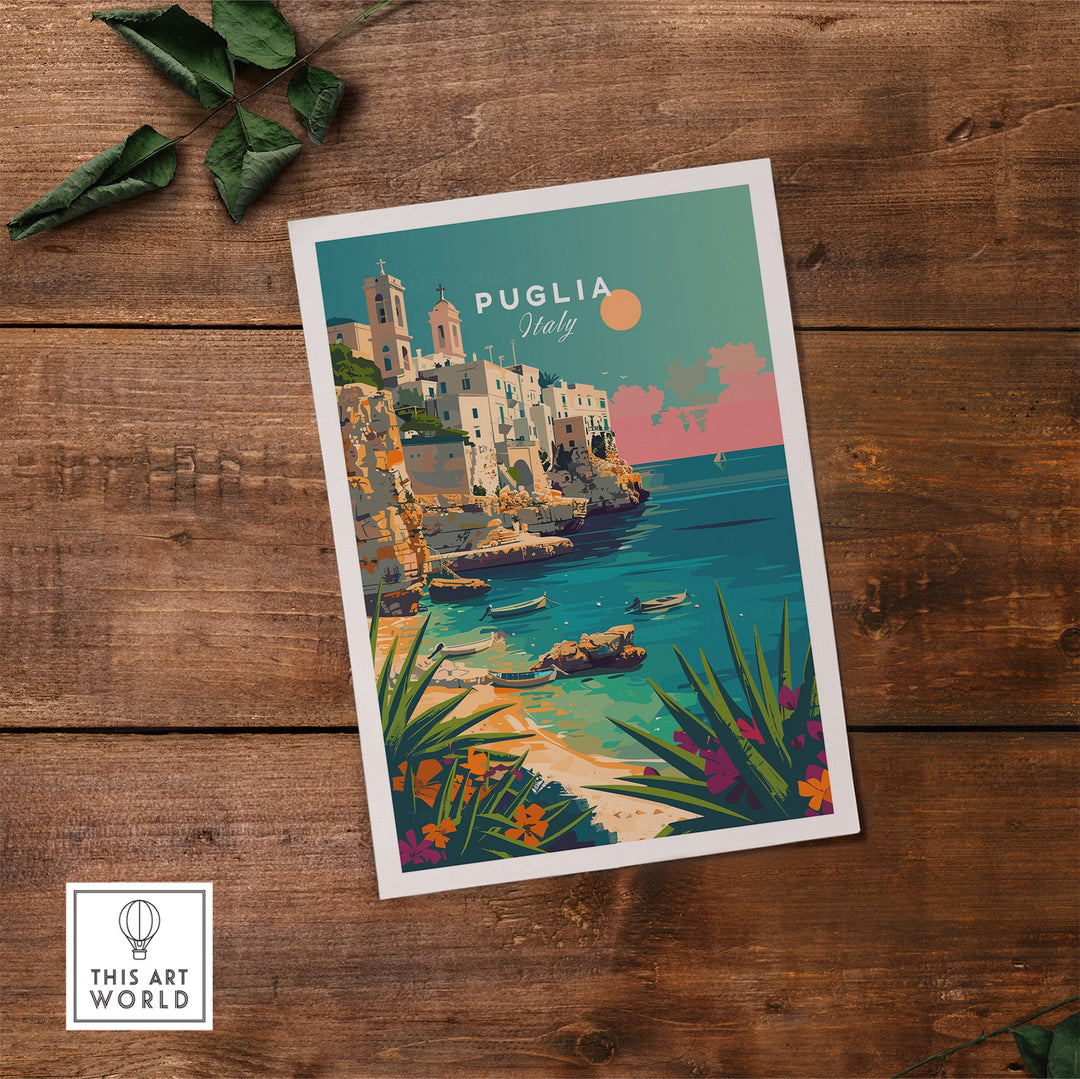 Puglia Poster Print featuring picturesque Italian coastal town with colorful landscape on wooden background.