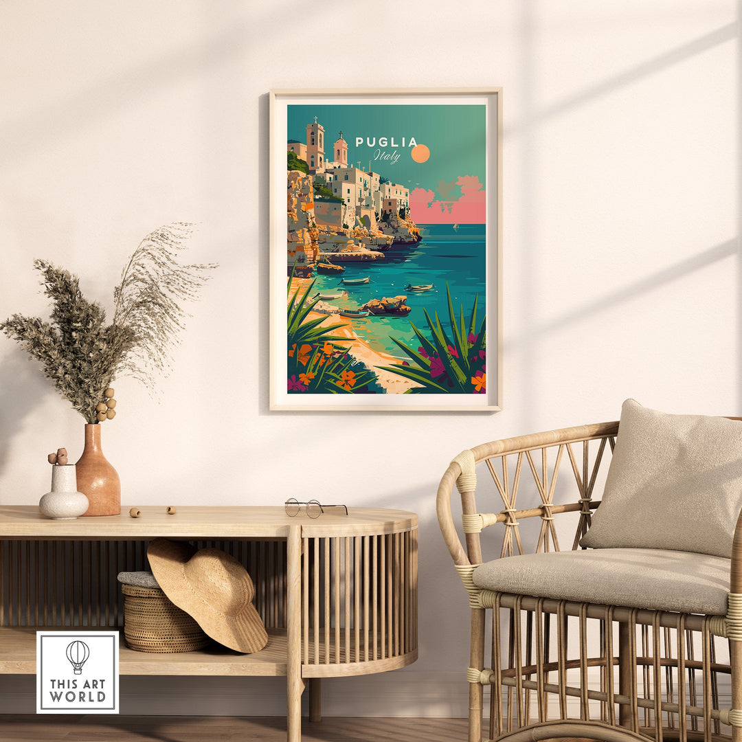 Puglia Poster Print hanging in a stylish room with rattan furniture and wall decor, showcasing picturesque Italian landscape.